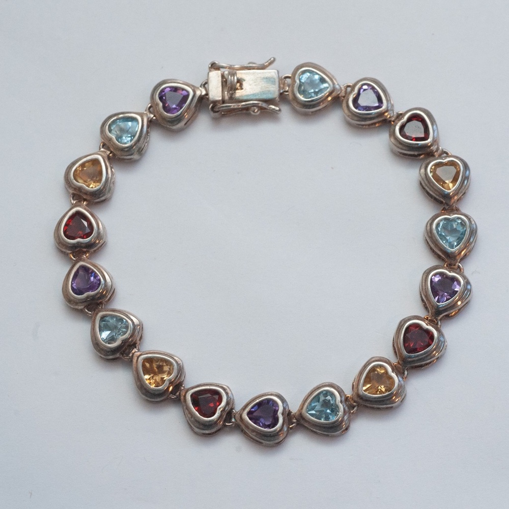 90s Multi Color Stone Sterling Silver Heart Bracelet 6.75" Women's Small/Child's